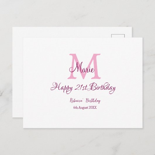Carte Postale Joyeux 21e Anniversaire rose ajouter un nom monogr (Devant / Derrière)