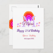 Carte Postale Joyeux 21e Anniversaire rose ajoutez nom monogramm (Devant / Derrière)