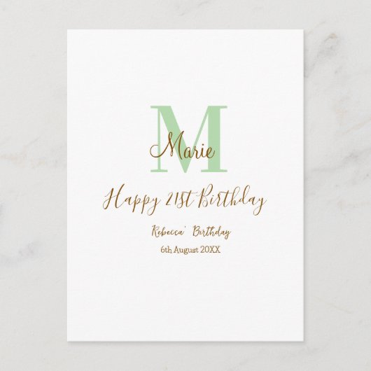 Carte Postale Joyeux 21e Anniversaire vert ajouter nom monogramm (Devant)