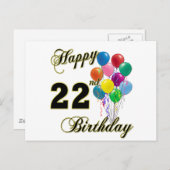 Carte Postale Joyeux 22e anniversaire avec ballons (Devant / Derrière)
