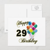 Carte Postale Joyeux 29e anniversaire cadeaux avec ballons (Devant / Derrière)