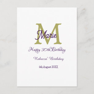 Carte Postale Joyeux 30e Anniversaire monogramme moderne nom gol