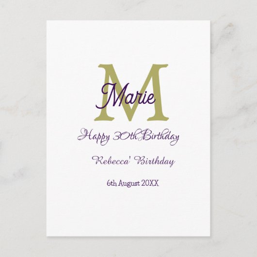 Carte Postale Joyeux 30e Anniversaire monogramme moderne nom gol (Devant)