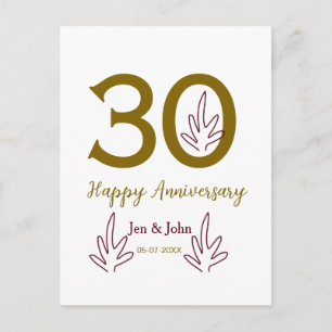 Carte Postale Joyeux 30e anniversaire nom date feuille rouge dor