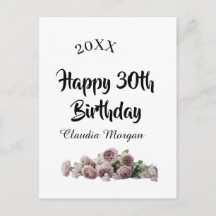 Carte Postale Joyeux 30e anniversaire rose blanc mauve floral no