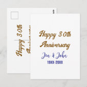 Carte Postale Joyeux 30ème anniversaire de mariage bleu royal or (Devant / Derrière)
