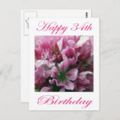 Carte Postale Joyeux 34e anniversaire rose et vert Fleur (Devant / Derrière)