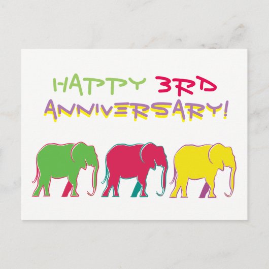 Carte Postale Joyeux 3e Anniversaire Éléphants Silhouette Néon (Devant)