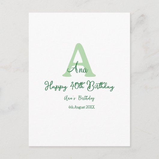 Carte Postale Joyeux 40e anniversaire vert ajouter un nom monogr (Devant)