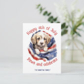 Carte Postale Joyeux 4 juillet mignon chiot drapeau américain (Debout devant)