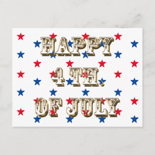 Carte Postale Joyeux 4 juillet, or, rouge blanc bleu étoiles
