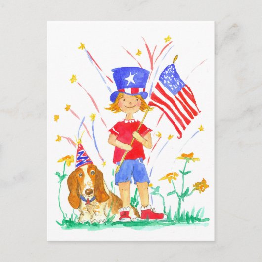 Carte Postale Joyeux 4 juillet Patriotique Fille Hound Chien (Devant)