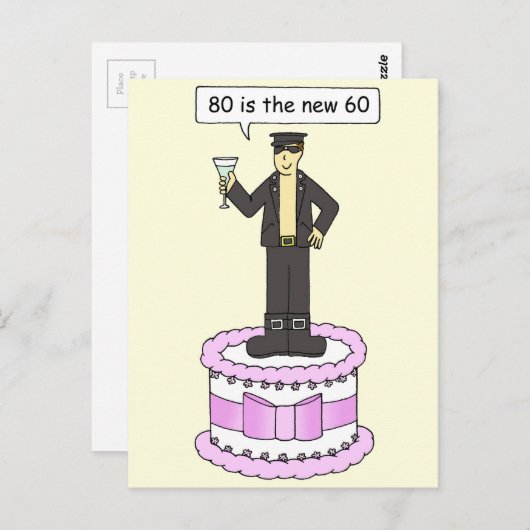 Carte Postale Joyeux 80e anniversaire Cartoon Man on a Cake (Devant / Derrière)