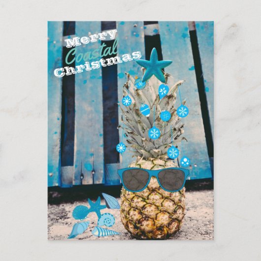Carte Postale Joyeux ananas de Noël côtier sur la plage (Devant)