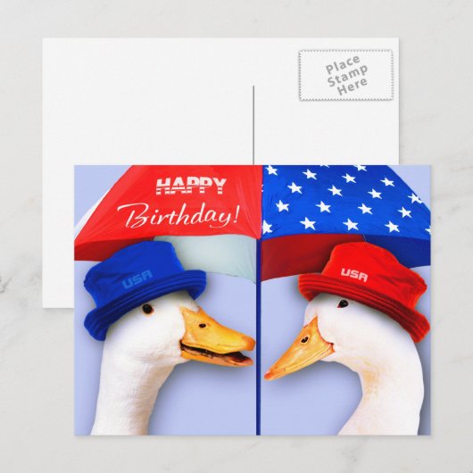 Carte Postale Joyeux anniversaire 4 juillet. Canards patriotique (Devant / Derrière)