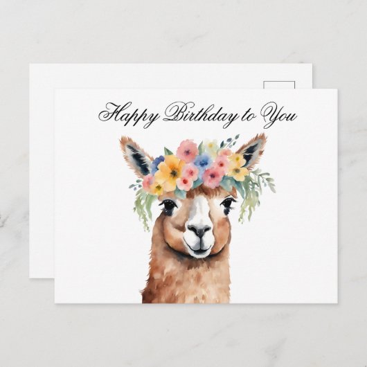 Carte Postale Joyeux anniversaire à vous Alpaca avec fleurs (Devant / Derrière)