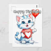 Carte Postale Joyeux Anniversaire Adorable Petit Chat Kitty (Devant / Derrière)