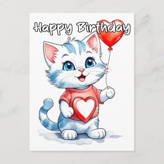 Carte Postale Joyeux Anniversaire Adorable Petit Chat Kitty (Devant)