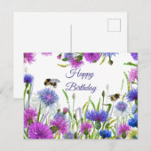 Carte Postale Joyeux Anniversaire Aquarelle Bleuets Violets, Ble (Devant / Derrière)