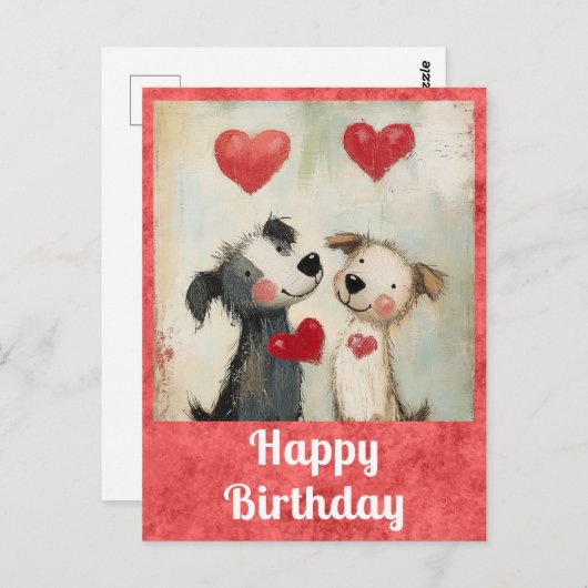 Carte Postale Joyeux Anniversaire Aquarelle Chien Mignon Coeur (Devant / Derrière)