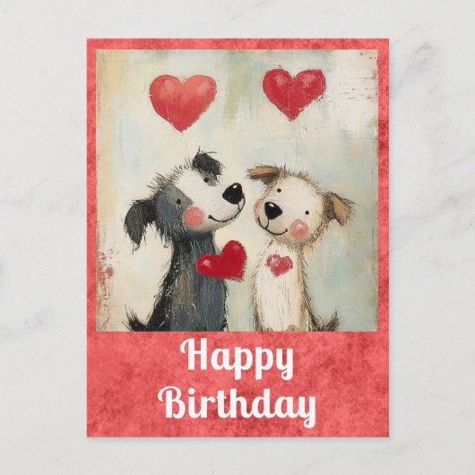 Carte Postale Joyeux Anniversaire Aquarelle Chien Mignon Coeur (Devant)