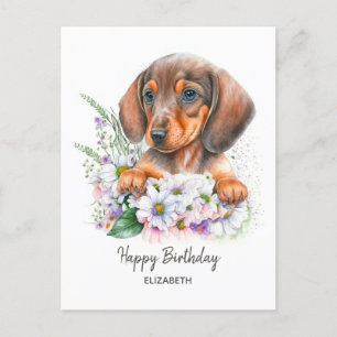 Carte Postale Joyeux anniversaire   Aquarelle Dachshund et Flora