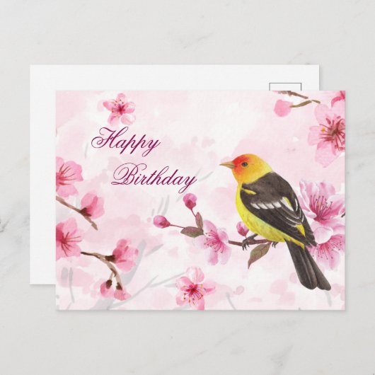 Carte Postale Joyeux Anniversaire Aquarelle Fleur de Cerisier &  (Devant / Derrière)