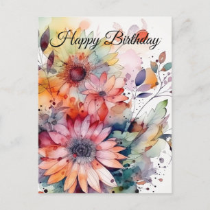 Carte Postale Joyeux Anniversaire Aquarelle Fleurs Abstraites 