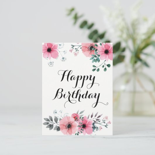 Carte Postale Joyeux Anniversaire Aquarelle Fleurs Roses (Debout devant)