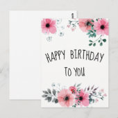 Carte Postale Joyeux Anniversaire Aquarelle Fleurs Roses Jolies (Devant / Derrière)