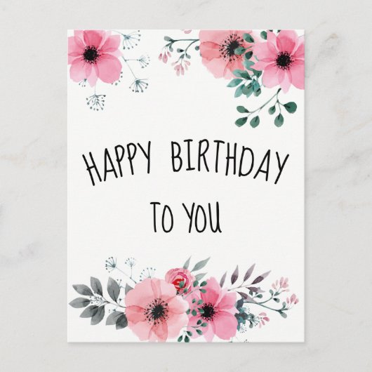 Carte Postale Joyeux Anniversaire Aquarelle Fleurs Roses Jolies (Devant)
