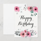 Carte Postale Joyeux Anniversaire Aquarelle Floral Rose (Devant / Derrière)