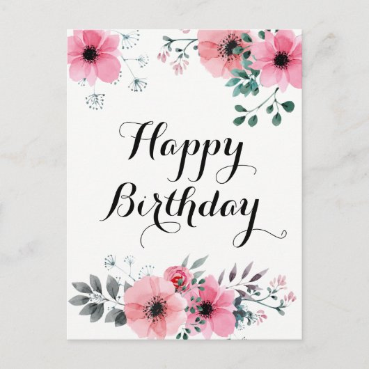 Carte Postale Joyeux Anniversaire Aquarelle Floral Rose (Devant)
