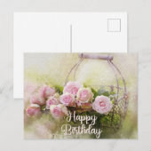 Carte Postale Joyeux Anniversaire Aquarelle Roses Roses dans un  (Devant / Derrière)