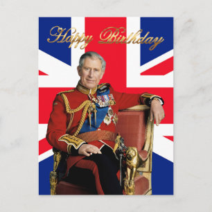Carte Postale Joyeux anniversaire au roi Charles III avec drapea