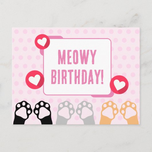 Carte Postale Joyeux Anniversaire aux Pattes de Chat Rose Points (Devant)