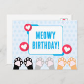 Carte Postale Joyeux Anniversaire avec Pattes de Chat Points Ble (Devant / Derrière)