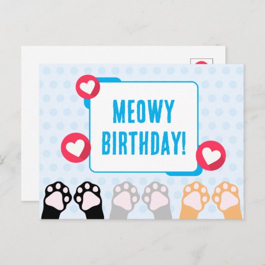 Carte Postale Joyeux Anniversaire avec Pattes de Chat Points Ble (Devant / Derrière)