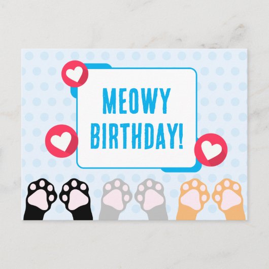 Carte Postale Joyeux Anniversaire avec Pattes de Chat Points Ble (Devant)