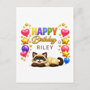Carte Postale Joyeux Anniversaire Ballons et Étoiles de Chat Sia