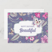 Carte Postale Joyeux Anniversaire, Beau. Fleurs et papillon (Devant / Derrière)