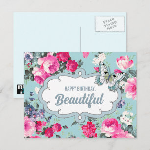 Carte Postale Joyeux Anniversaire, Beau. Fleurs et papillon