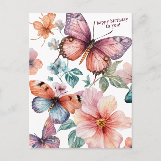 Carte Postale Joyeux Anniversaire Beaux Papillons et Fleurs  (Devant)