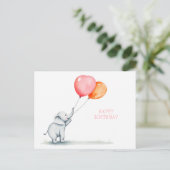 Carte Postale Joyeux Anniversaire. bébé éléphant avec ballons (Debout devant)