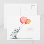 Carte Postale Joyeux Anniversaire. bébé éléphant avec des ballon (Devant / Derrière)