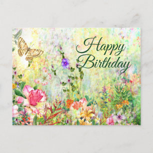 Carte Postale Joyeux anniversaire Belle aquarelle Jardin Fleurs