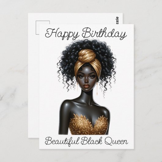 Carte Postale Joyeux anniversaire, belle, reine noire, mélanine (Devant / Derrière)