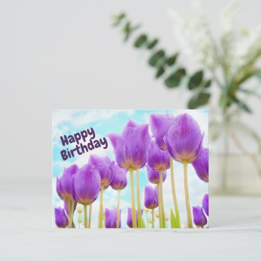 Carte Postale Joyeux Anniversaire Belle Tulipe pourpre (Debout devant)
