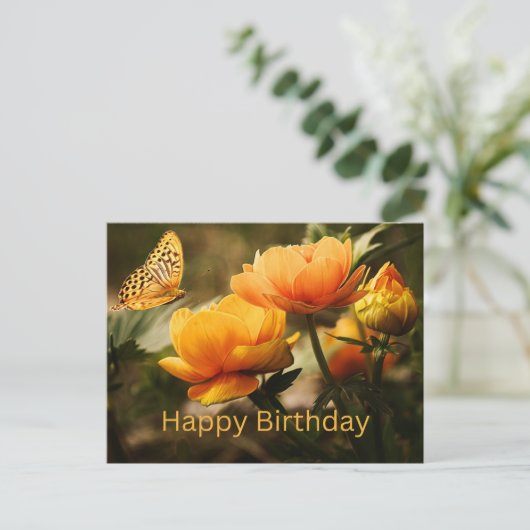 Carte Postale Joyeux Anniversaire Belles Fleurs Jaunes, Papillon (Debout devant)