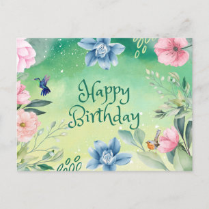 Carte Postale Joyeux Anniversaire Bleu, Fleurs Aquarelles Roses